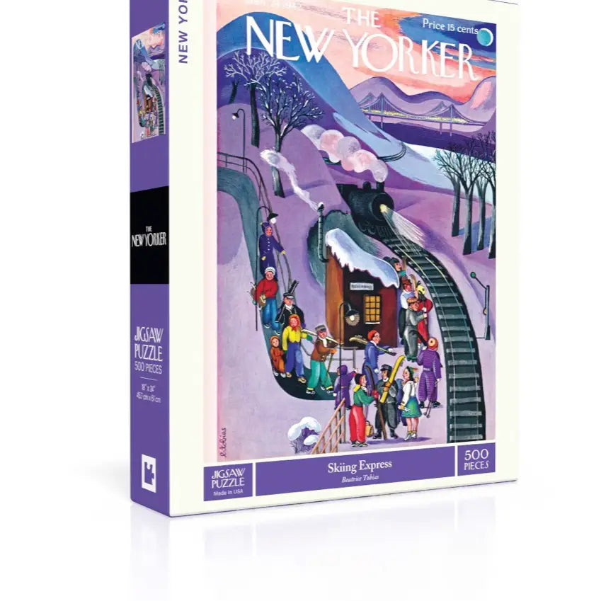 Jigsaw puzzle box featuring a winter scene with people and a train, branded 'The New Yorker'.