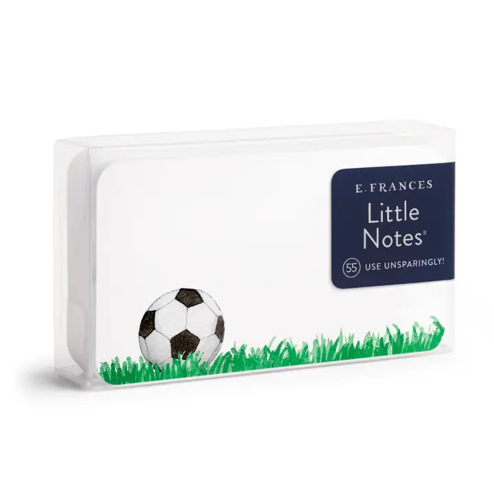 A clear plastic box containing E. FRANCES Little Notes notecards that are white with a soccer ball on the grass at the bottom of the notecards