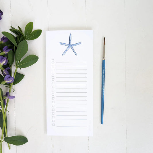 Tear away notepad with blue watercolor starfish at the top center.  Notepad is list style with lines and check boxes