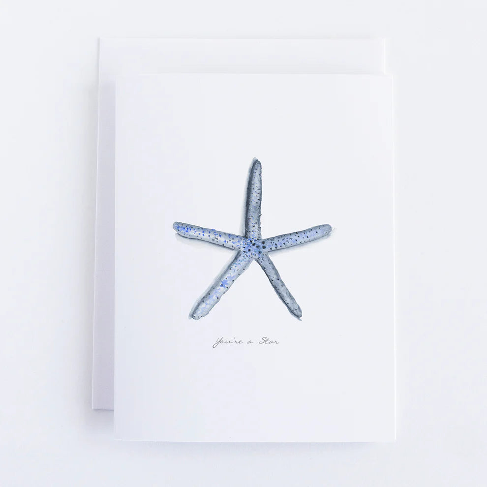 Note card with blue watercolor starfish in center.  script reads "you're  a star"