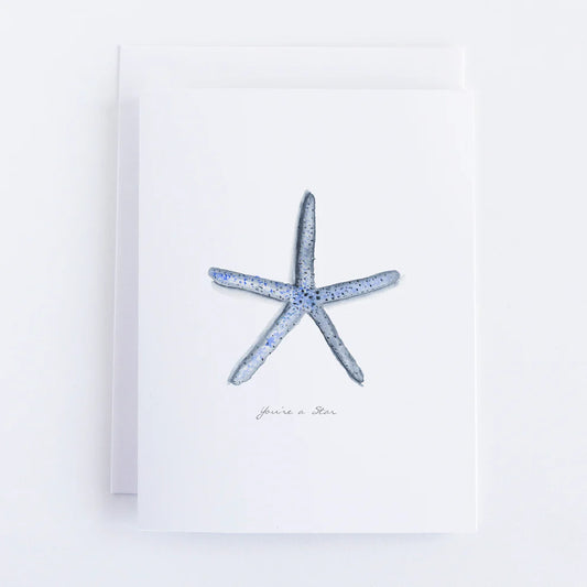 Note card with blue watercolor starfish in center.  script reads "you're  a star"