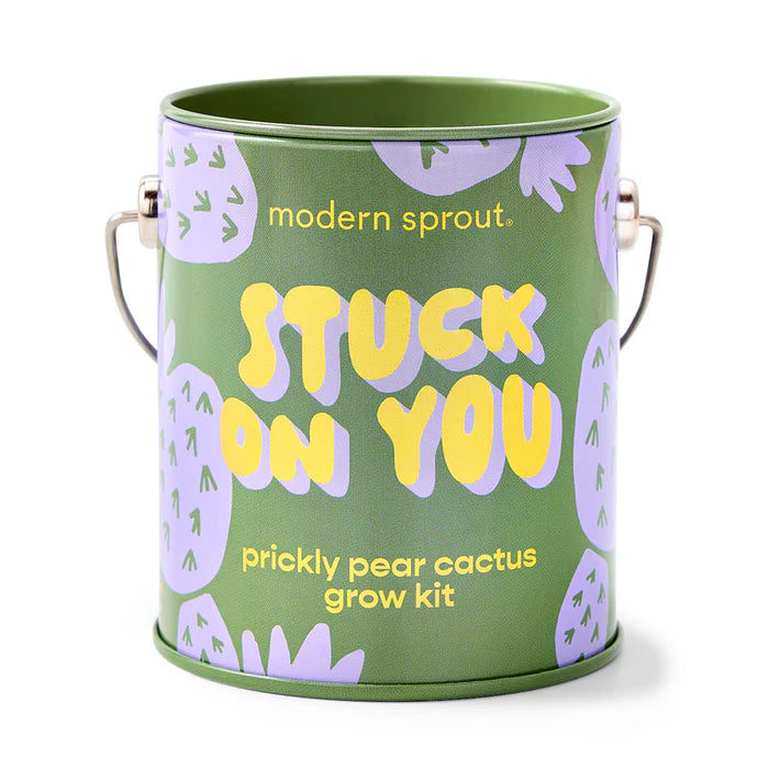 Prickly pear cactus grow kit in green paint can with lavender prickly pear design and "Stuck on you" in yellow lettering