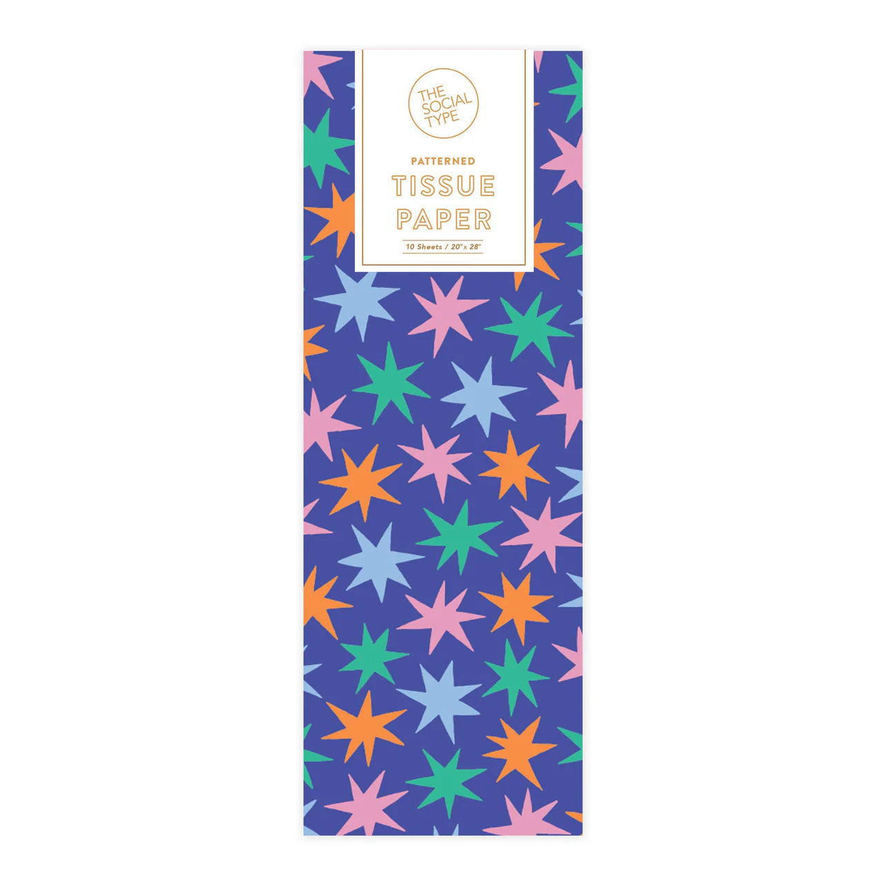 Tissue Paper that is blue with pink, light blue, orange, and green stars all over it