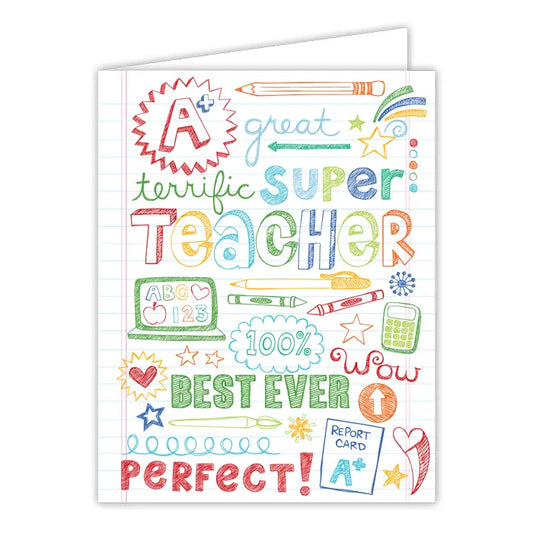 White teacher card with colorful writing that is in different fonts and very colorful.