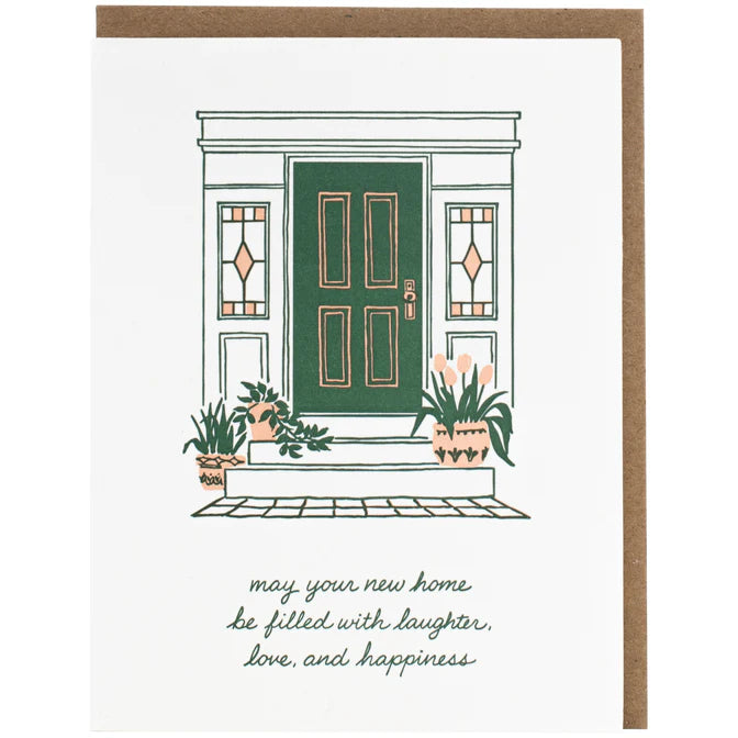 Greeting card with a illustration of a house door and plants, featuring a message about new home happiness.