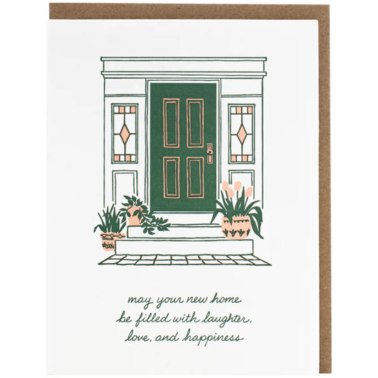 Greeting card with a illustration of a house door and plants, featuring a message about new home happiness.