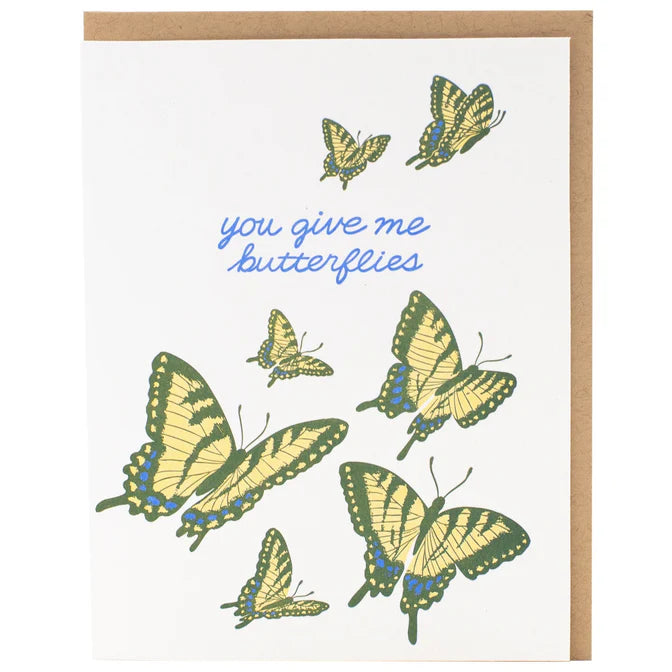 Card with illustrations of butterflies and text 'you give me butterflies'