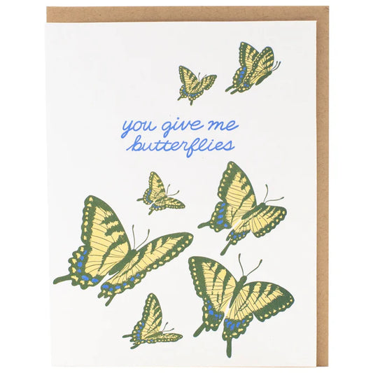 Card with illustrations of butterflies and text 'you give me butterflies'
