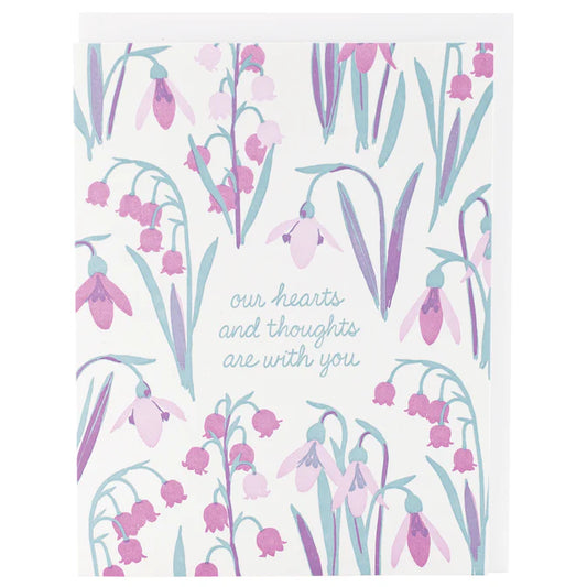 Sympathy card with Lily of the Valley flowers and text "Our hearts and thoughts are with you"