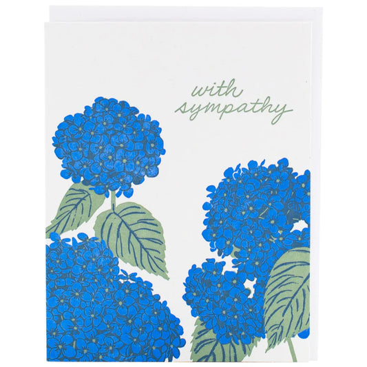 Sympathy card with blue hydrangea floral design and 'with sympathy' text