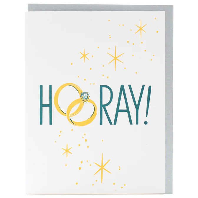 Greeting card with 'HOORAY!' text and an intertwined engagement and wedding ring where the OO letters are. Perfect for newly engaged or married couple!