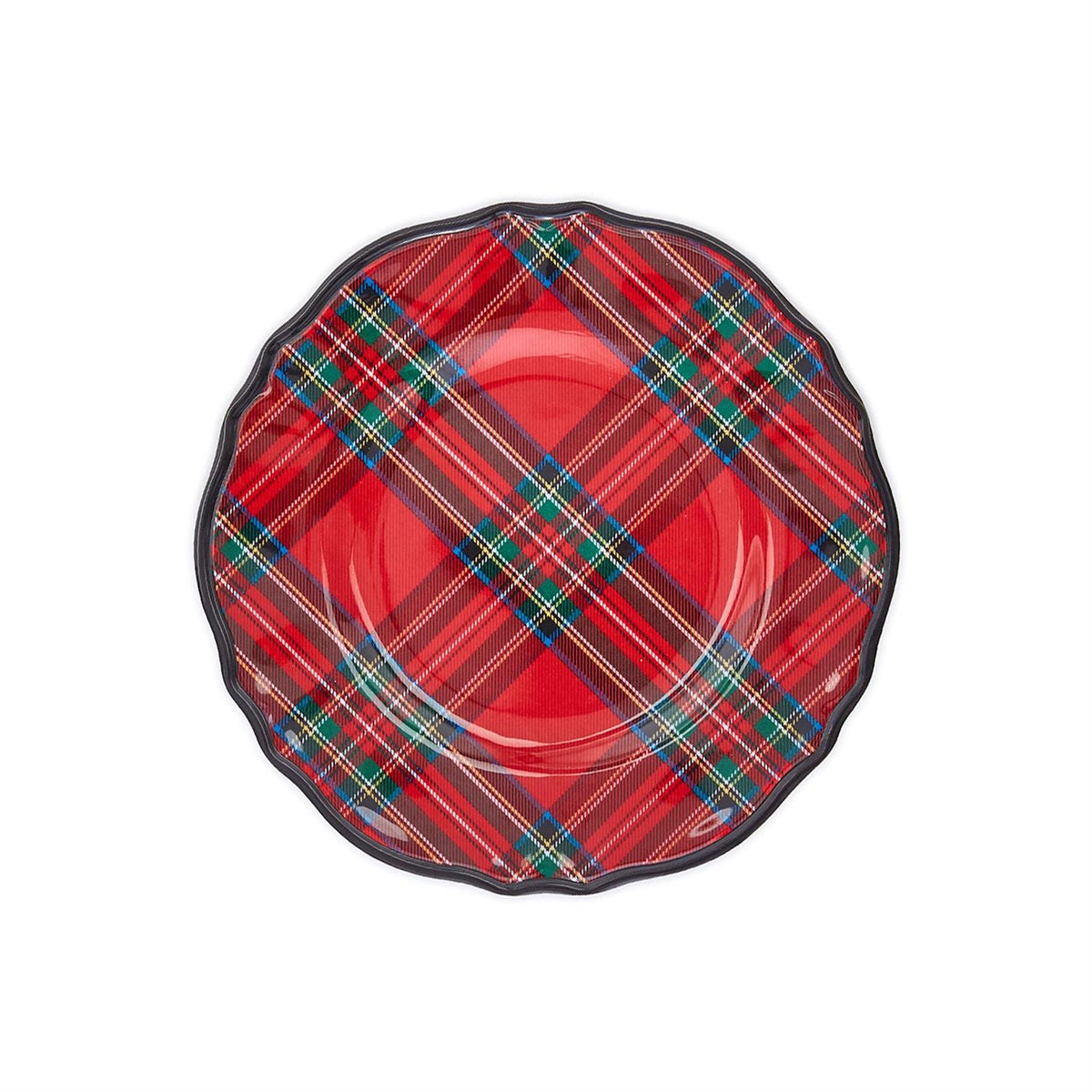 A round, red and green tartan patterned melamine dessert plate with a black rim.