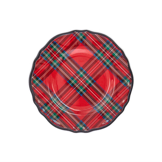 A round, red and green tartan patterned melamine dessert plate with a black rim.