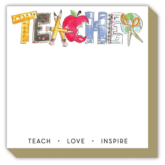 white notepad with teacher written on the top in big letters and a colorful font. The bottom middle also has black lettering on it.