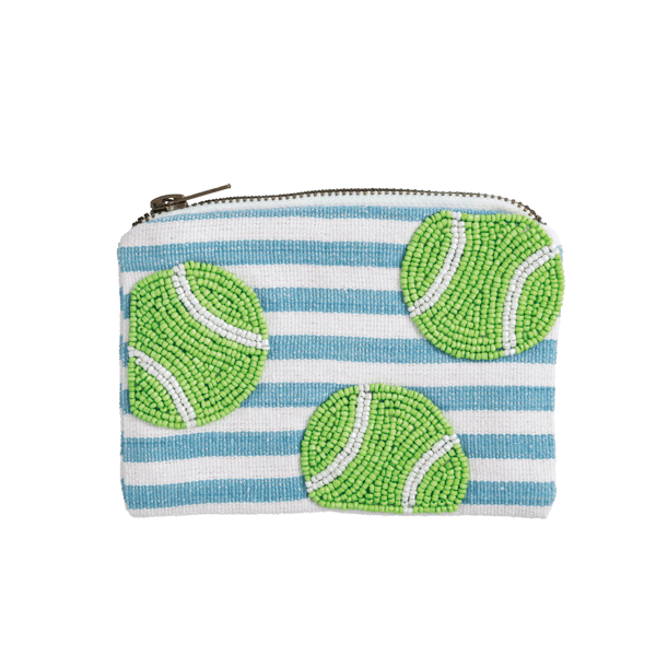 Beaded pouch with lime green tennis balls on a light blue and white horizontal  striped background