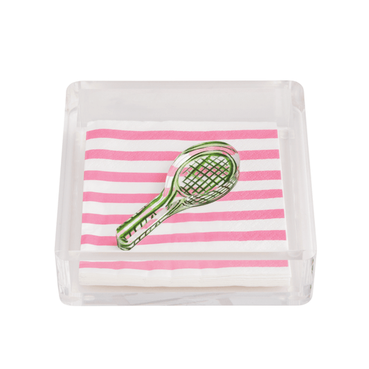Clear Acrylic cocktail napkin holder with Pink and white striped napkins and Green tennis racket weight 