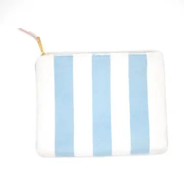 Rectangular pouch with blue and white vertical stripes 