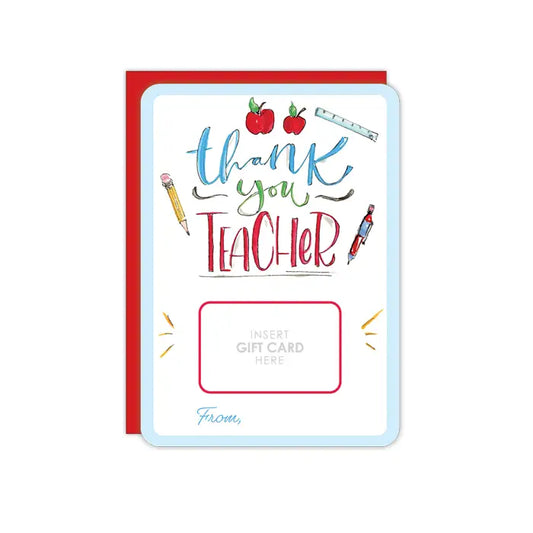 white card with blue borders and school-themed decorations and letters.