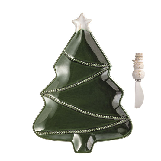 Tree Tray Green/White w/Snowman Spreader