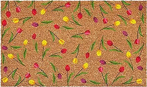 Coir doormat with red purple yellow tulips scattered