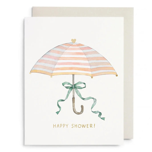 Greeting card with a striped umbrella and bow, featuring 'Happy Shower!' text.