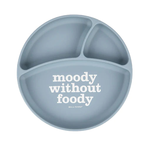 Blue Plate with the words moody without foody