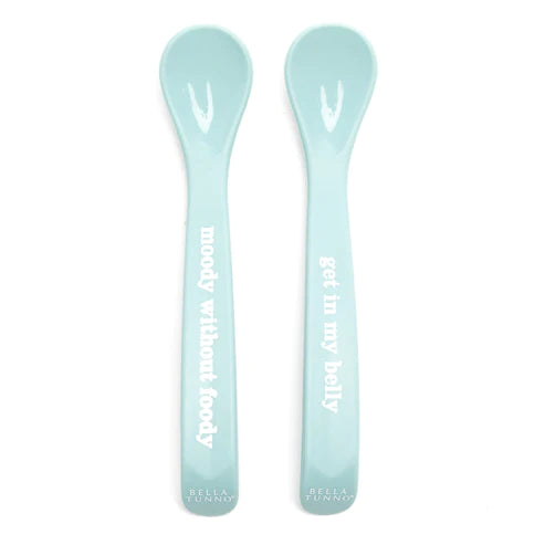 Light Blue baby spoon set: one spoon says moody without foody the other get in my belly