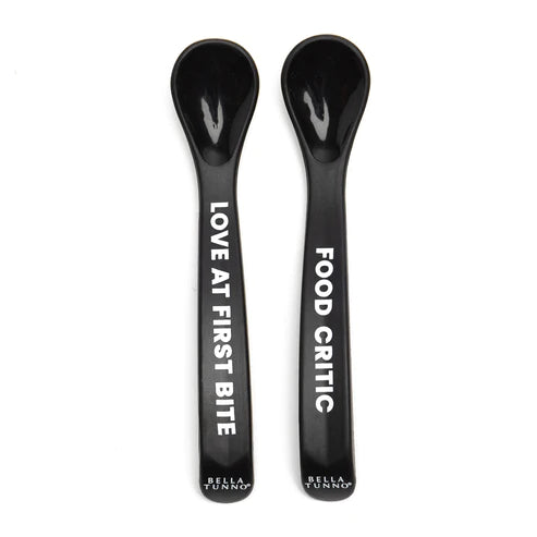 Baby Spoon Set black:  one says love at first bite the other food critic