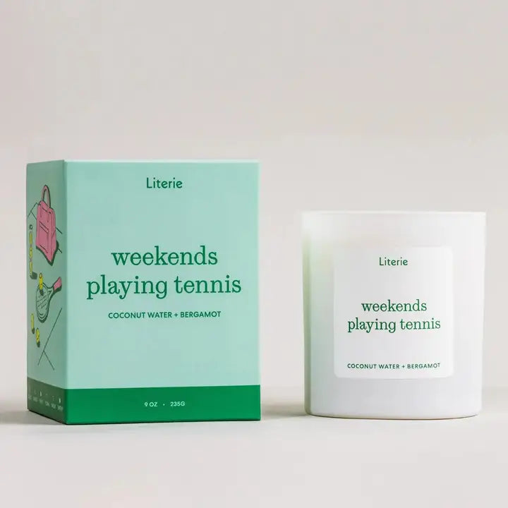 Literie candle in glass tumbler and packaging in mint and green with "weekends playing tennis" printed in green coconut water & bergamot scented