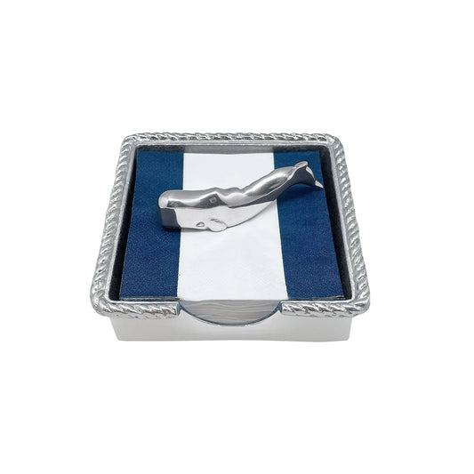 Silver Napkin holder with rope detail on edge.  Includes a whale figure to hold napkins