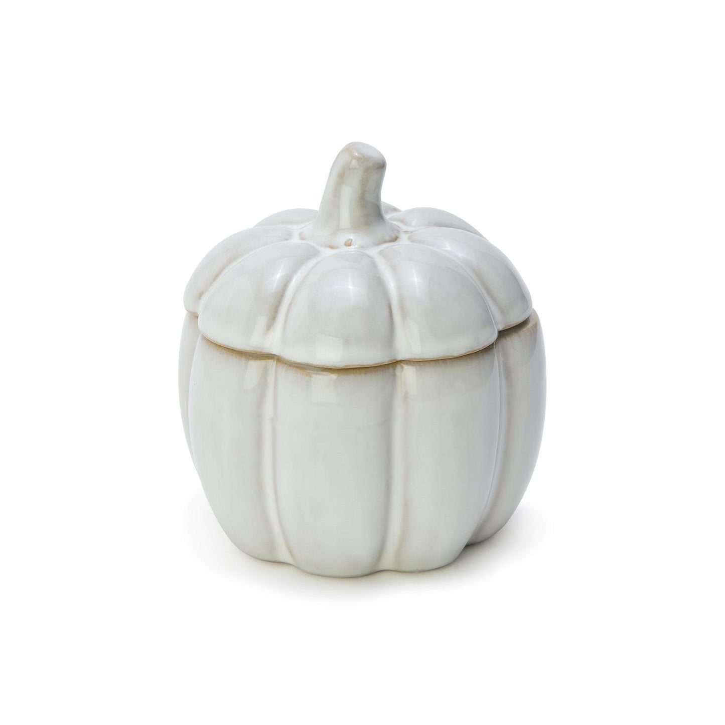 White ceramic pumpkin-shaped container on a white background