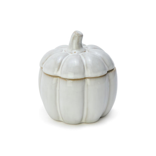White ceramic pumpkin-shaped container on a white background
