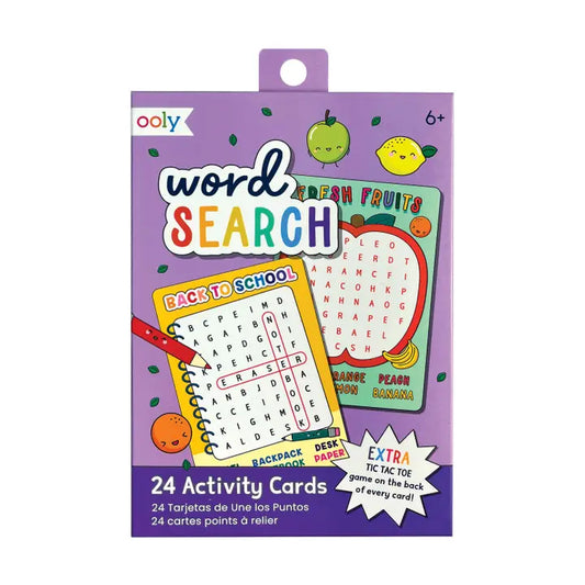 Packaging of 'word SEARCH' activity cards with colorful design on a white background