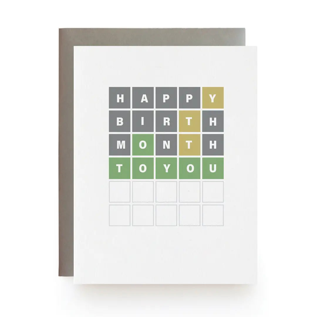 Greeting card with New York Times Wordle puzzle that reveals the word 'Happy Birthday Month to You' text in a grid pattern on a white background.