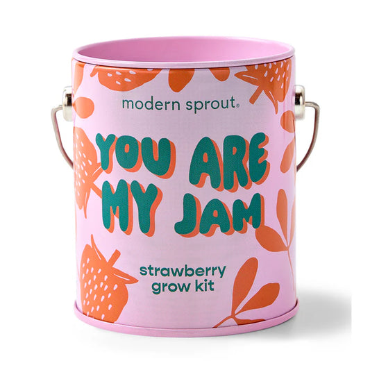 Strawberry grow kit in pink paint can with red strawberries and "you are my Jam' in teal letters
