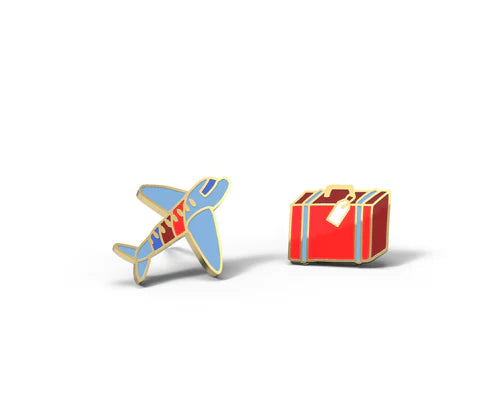 earring set.  blue airplane and red suitcase