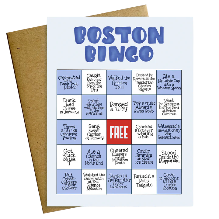 Greeting card with a Boston-themed Bingo activity card, such as 'Walked the Freedom Trail' and 'Ate a Cannoli in the North End'