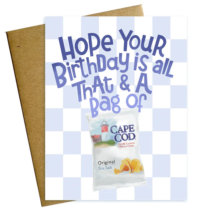 Birthday card  that says 'Hope Your Birthday is all That & A Bag of' with an illustration of Cape Cod Potato Chips