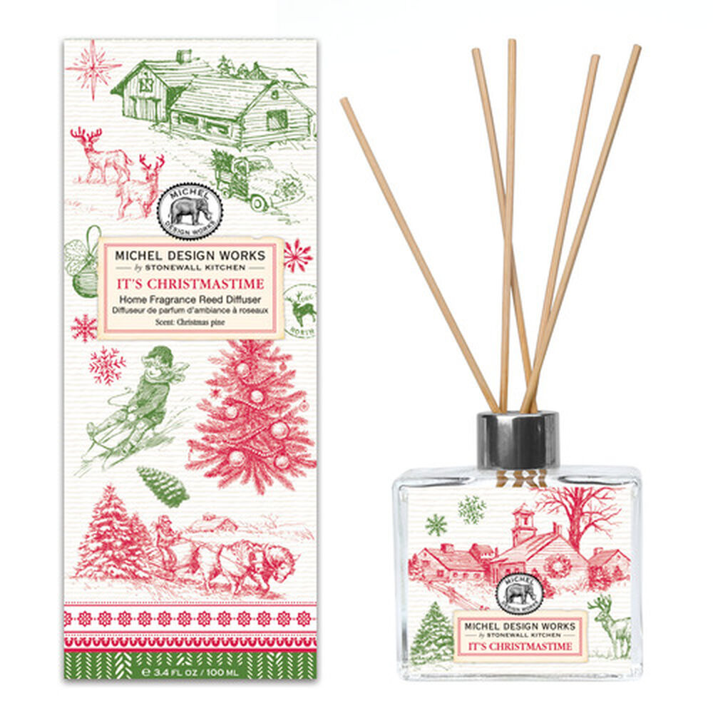 reed diffuser with red and green toile design