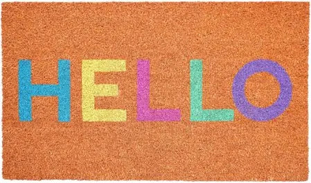 Coir doormat with hello in pastel letters