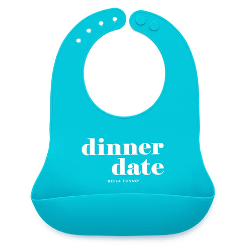 Teal Baby Bib with Dinner Date written in center