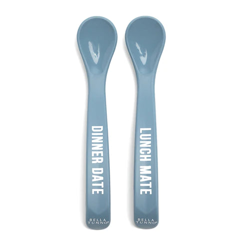 Blue baby spoon set one spoon says dinner date the other lunch mate