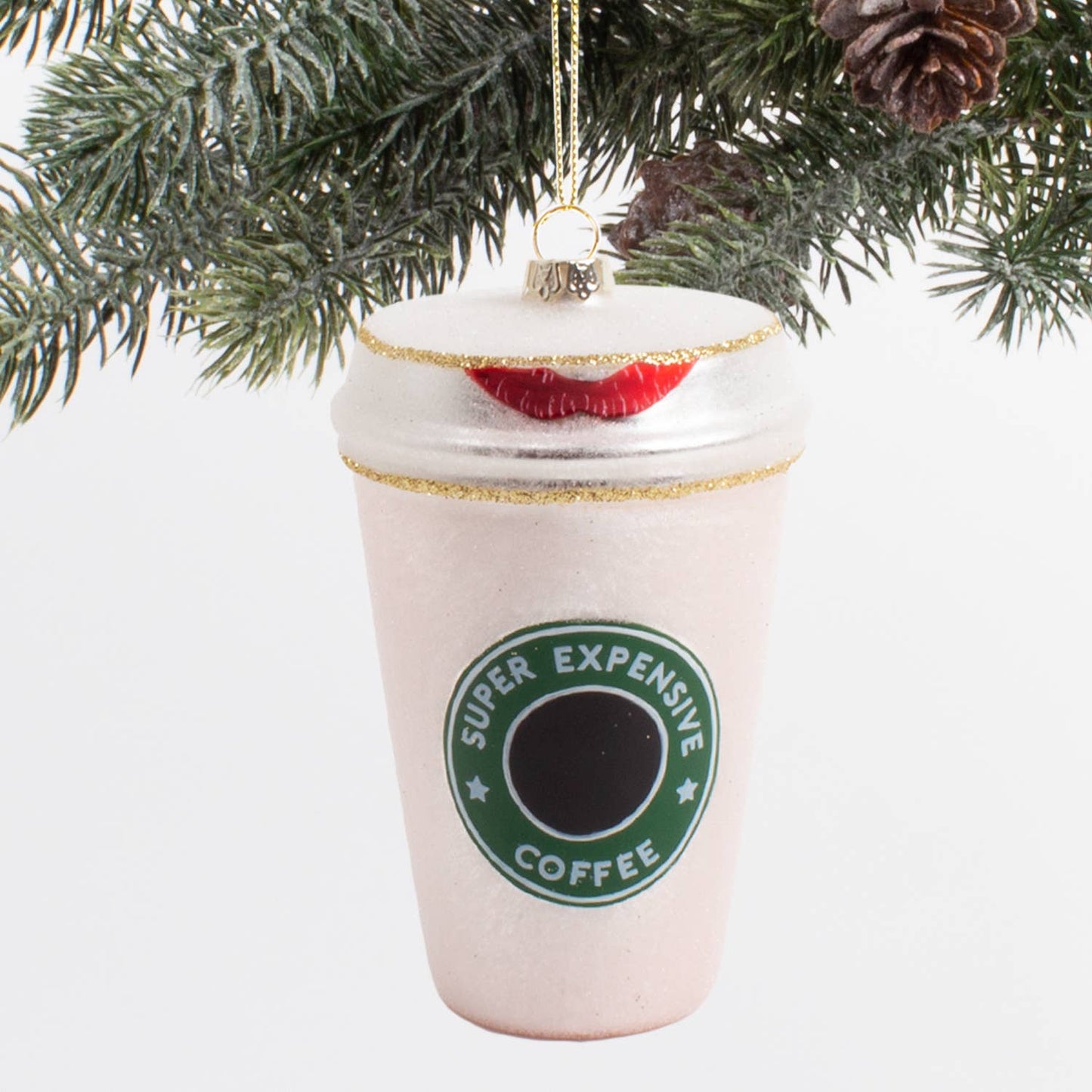 ornament coffee to go cup with red lipstick on lid