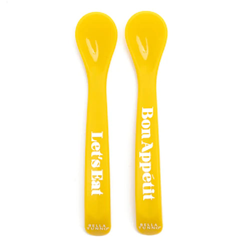 Yellow Baby Spoon Set one spoon says let's eat the other bon appetit