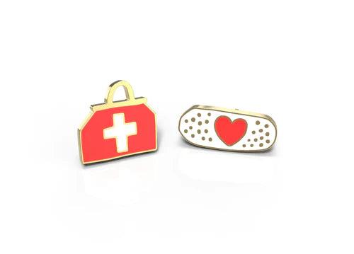 Earring set.  one is a red medicine bag with a white cross. the other a white band aid with red heart