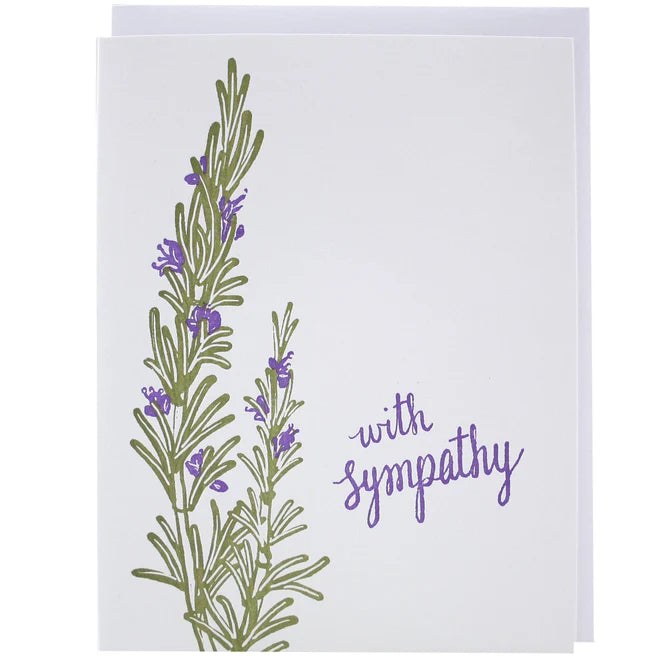 Greeting card with rosemary/lavender plant illustration and 'with sympathy' text