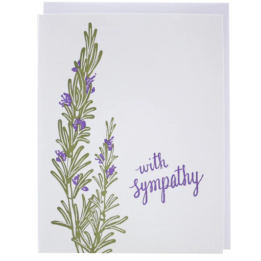 Greeting card with rosemary/lavender plant illustration and 'with sympathy' text