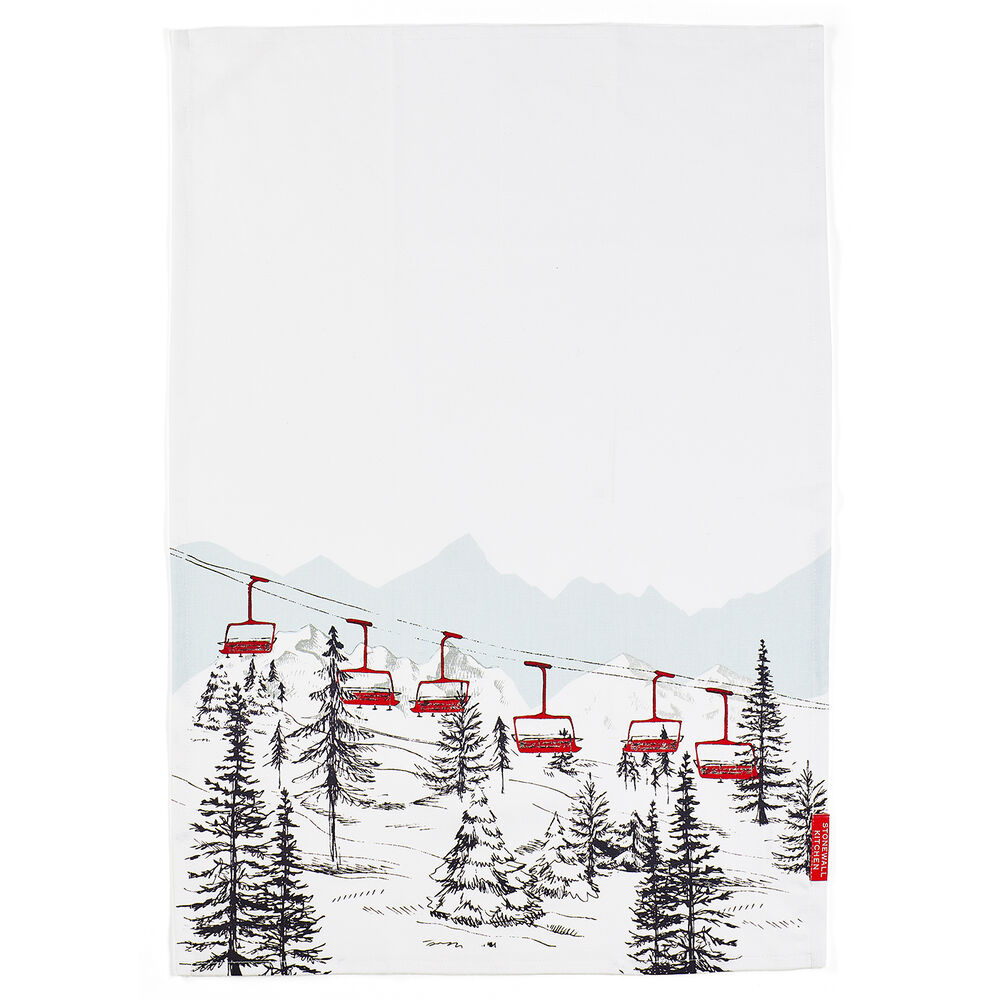 printed picturesque scene of a red chairlift in motion tea towel