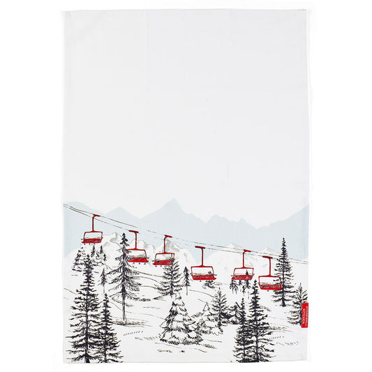 printed picturesque scene of a red chairlift in motion tea towel