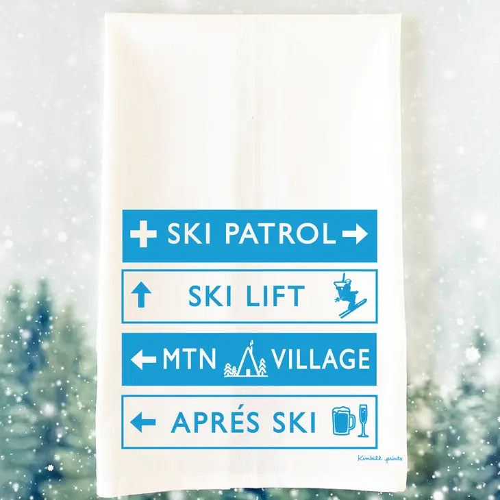 white tea towel with blue image of a ski sign 
